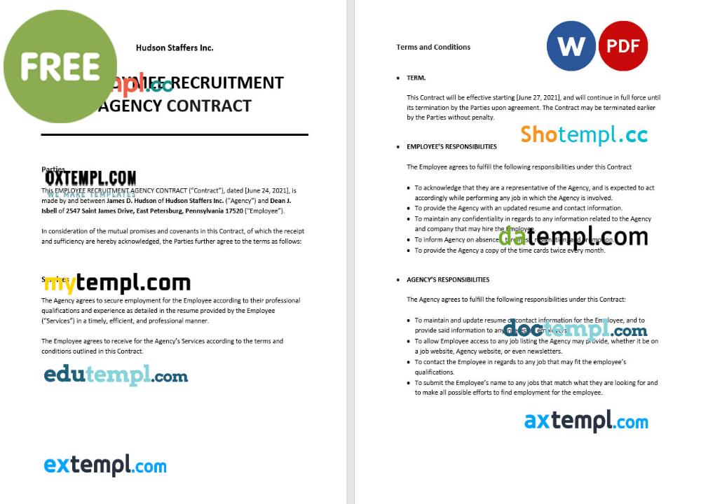 free download employee recruitment agency contract example, Word and PDF format