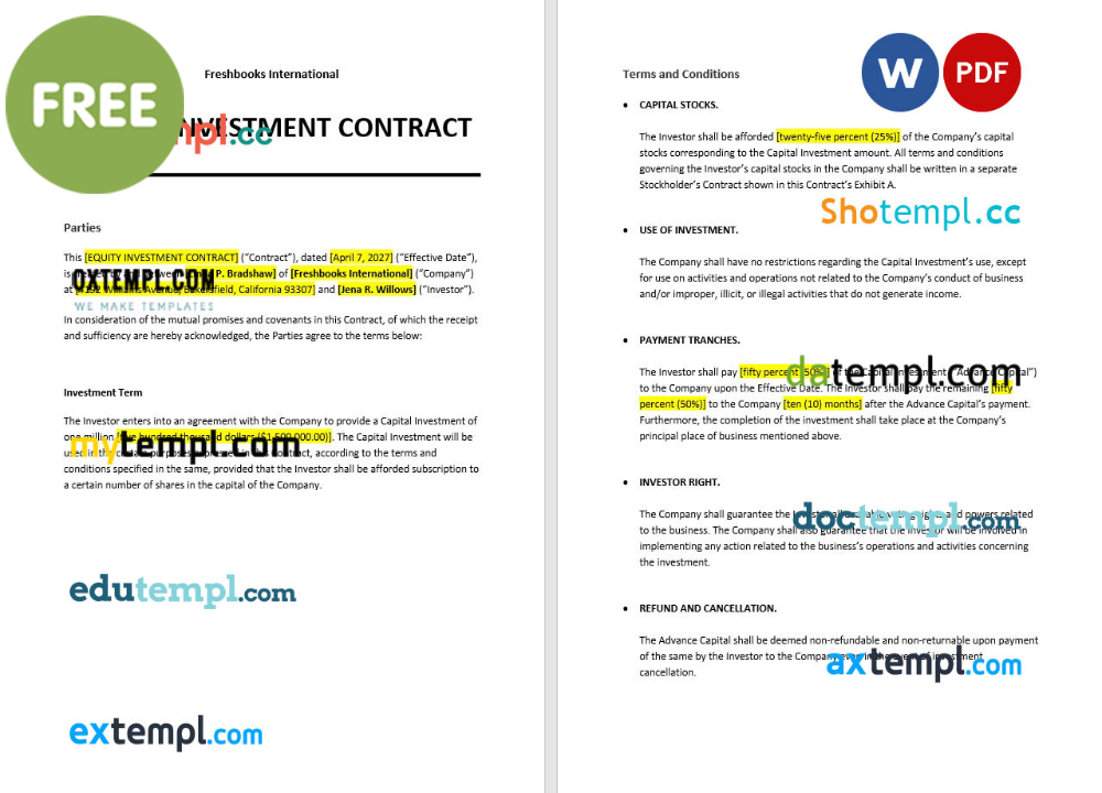 free download equity investment contract example, Word and PDF format