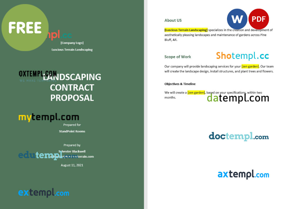 free download landscape contract proposal example, Word and PDF format