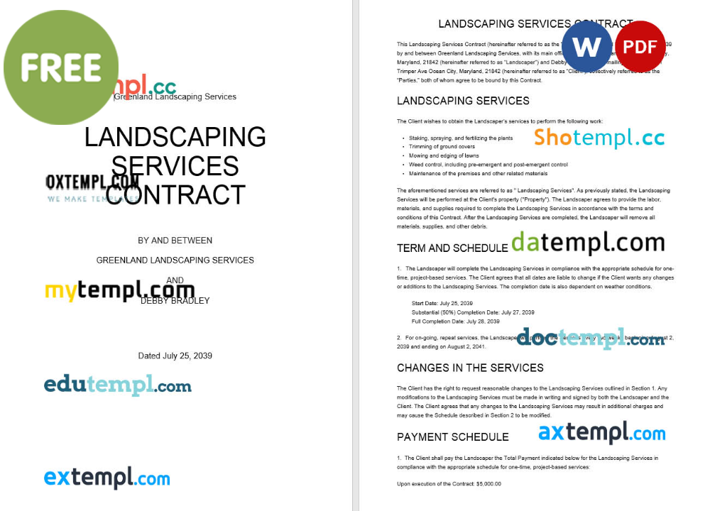 free download landscaping services contract example, Word and PDF format