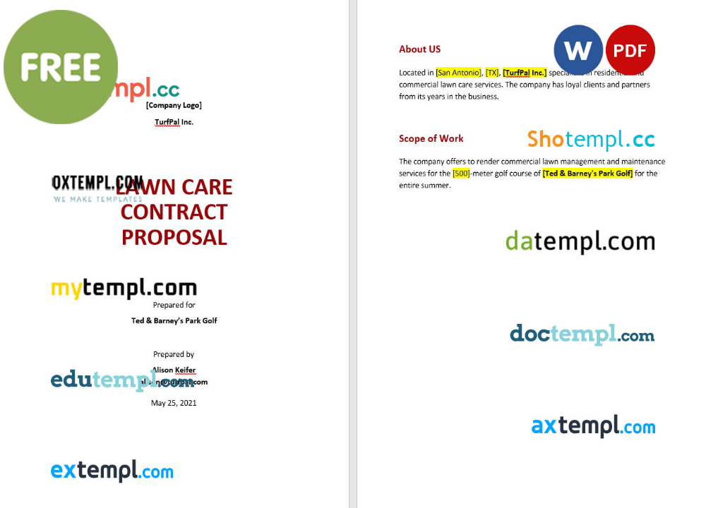 free download lawn care contract proposal example, Word and PDF format