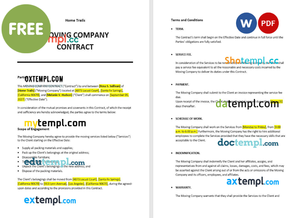 free download moving company contract example, Word and PDF format