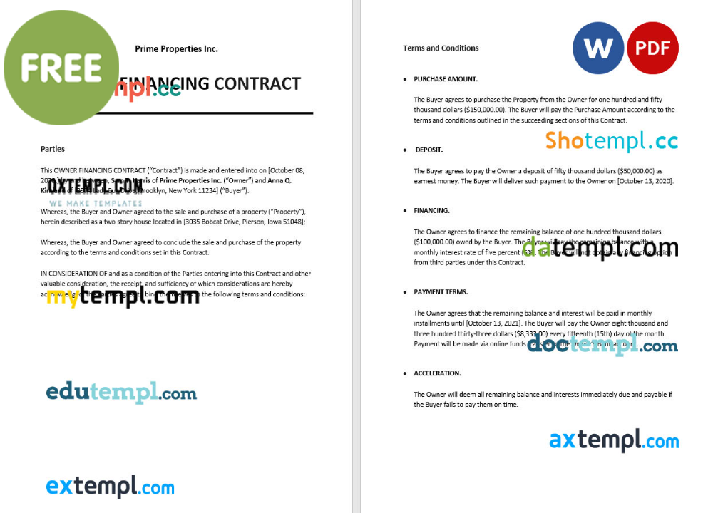 free download owner financing contract example, Word and PDF format