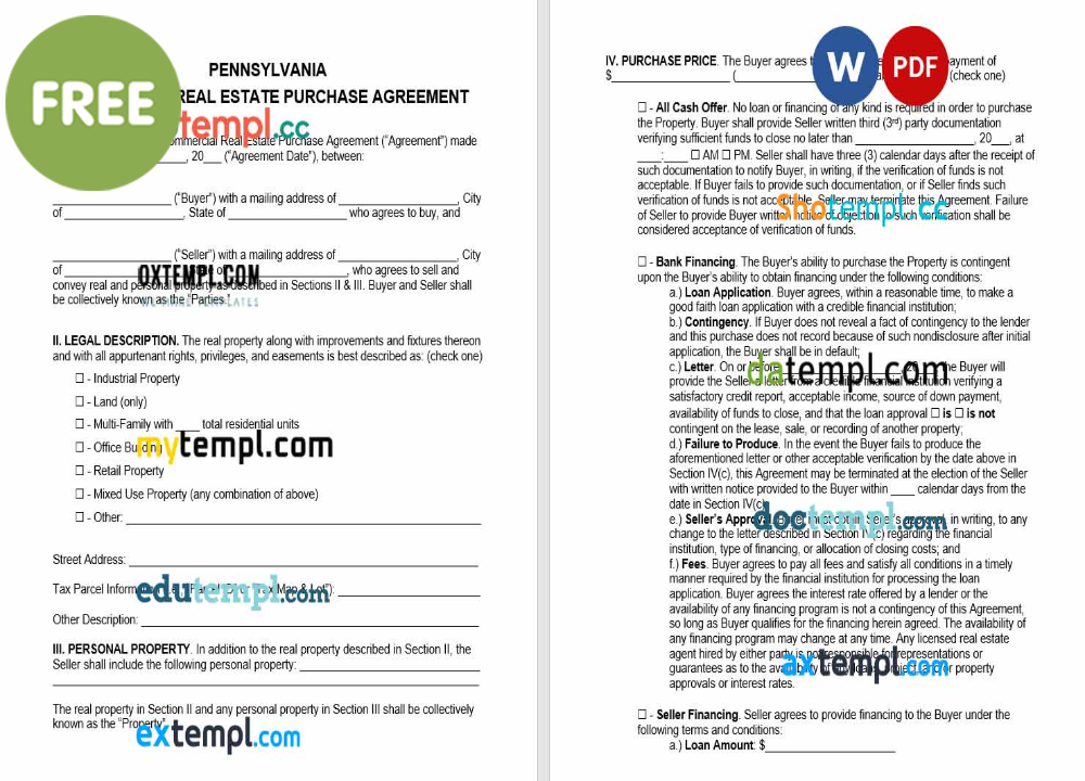 free download pennsylvania commercial real estate purchase agreement example, Word and PDF format