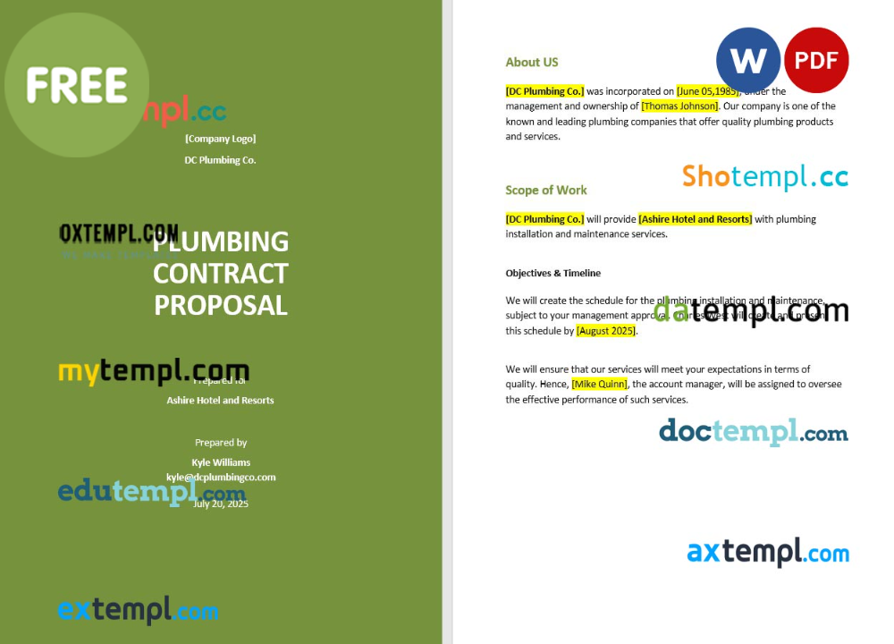 free download plumbing contract proposal example, Word and PDF format