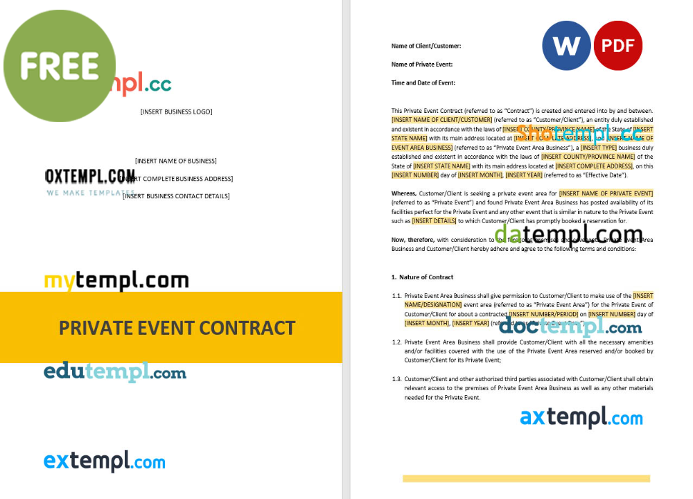 free download private event contract example, Word and PDF format