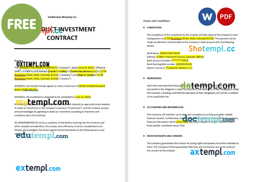 free download product investment contract example, Word and PDF format