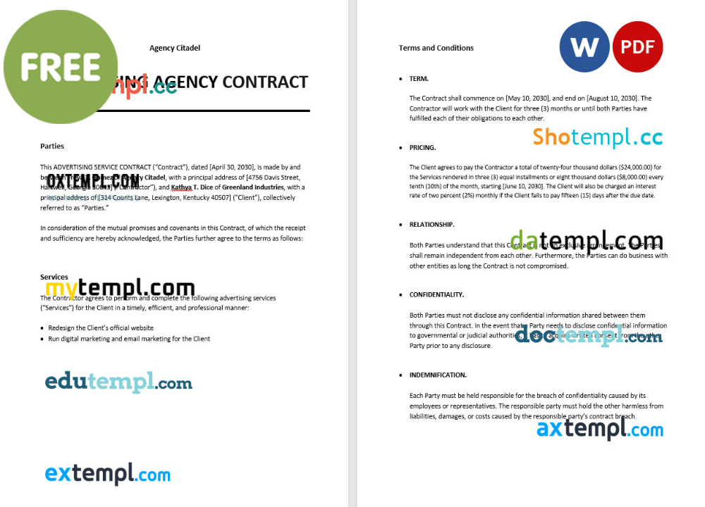 free download sample advertising agency contract example, Word and PDF format