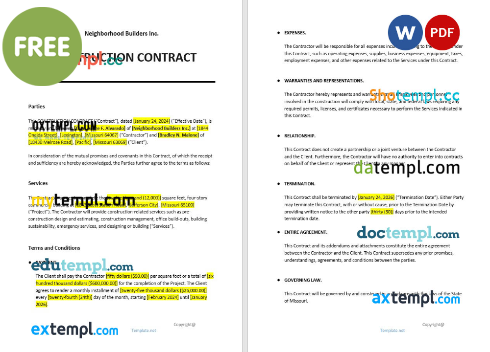 free download sample construction contract example, Word and PDF format