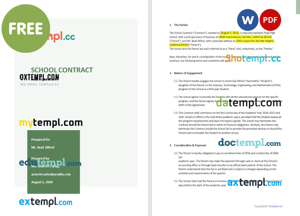 free download sample school contract example, Word and PDF format