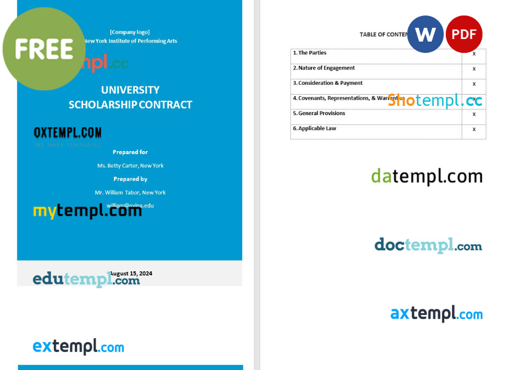 free download sample university contract example, Word and PDF format