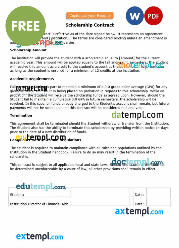 free download scholarship contract example, Word and PDF format