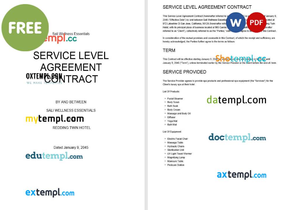 free download service level agreement contract example, Word and PDF format
