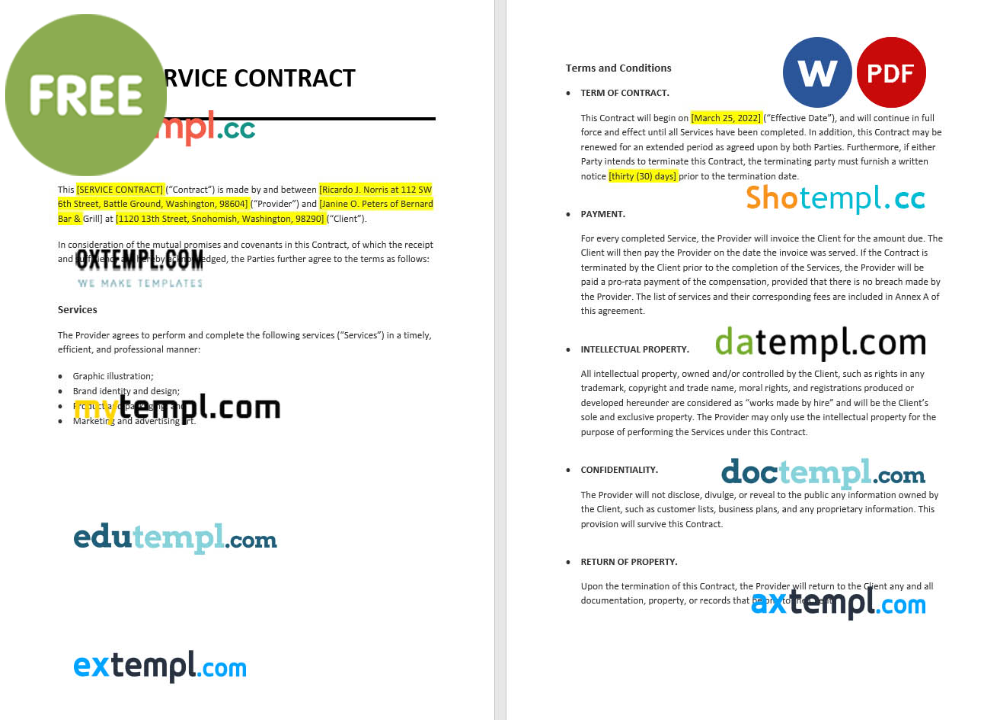 free download simple service contract example, Word and PDF format