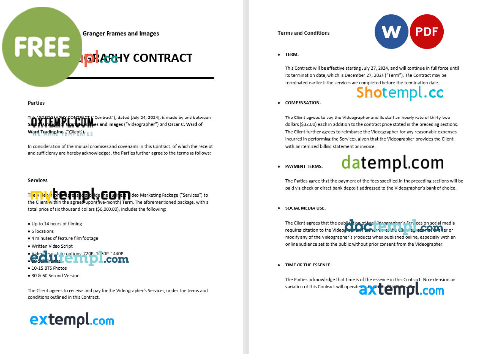 free download simple videography contract example, Word and PDF format