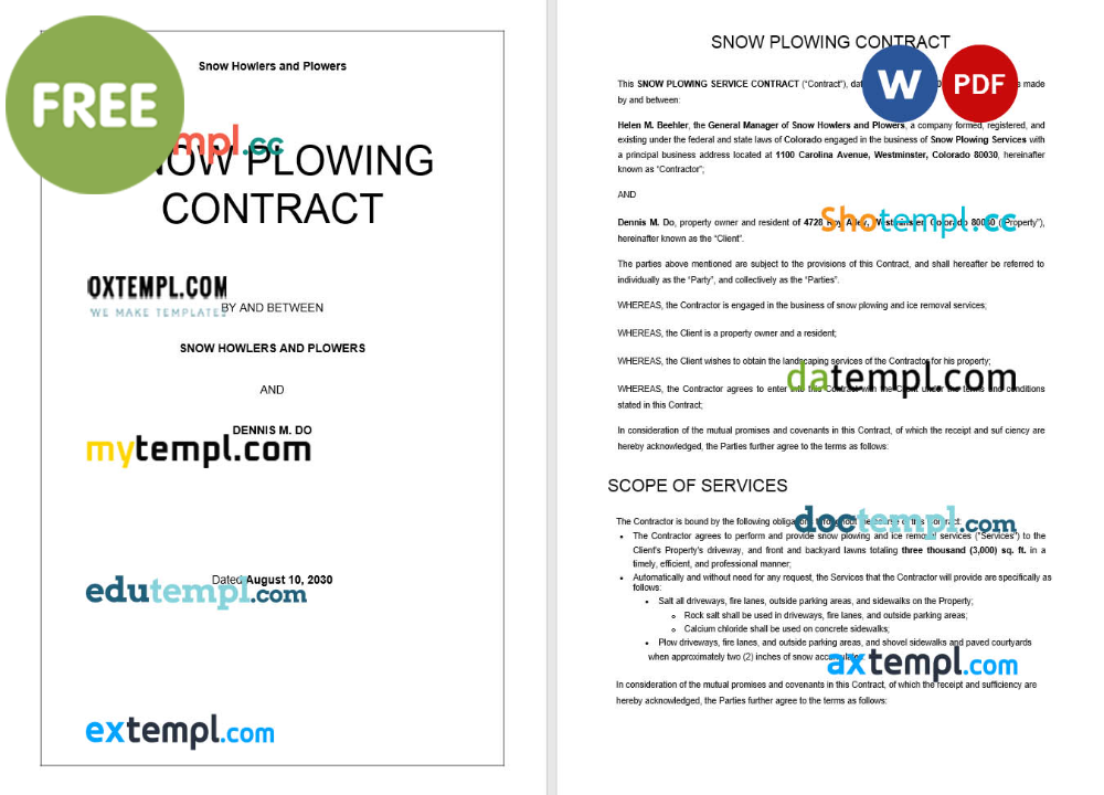 free download snow plowing contract example, Word and PDF format