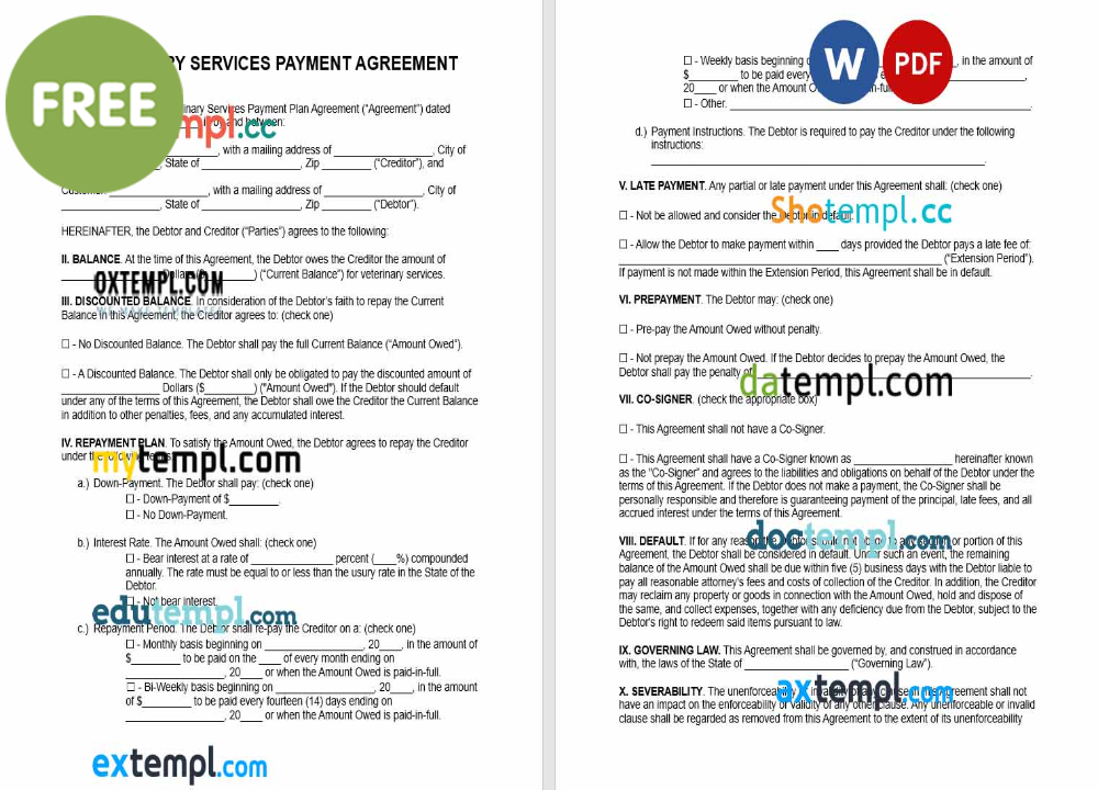 free download veterinary services payment plan agreement example, Word and PDF format