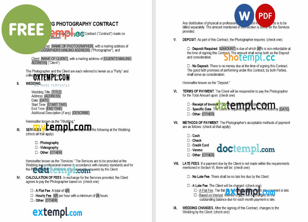 free download wedding photograhy contract pexample, Word and PDF format