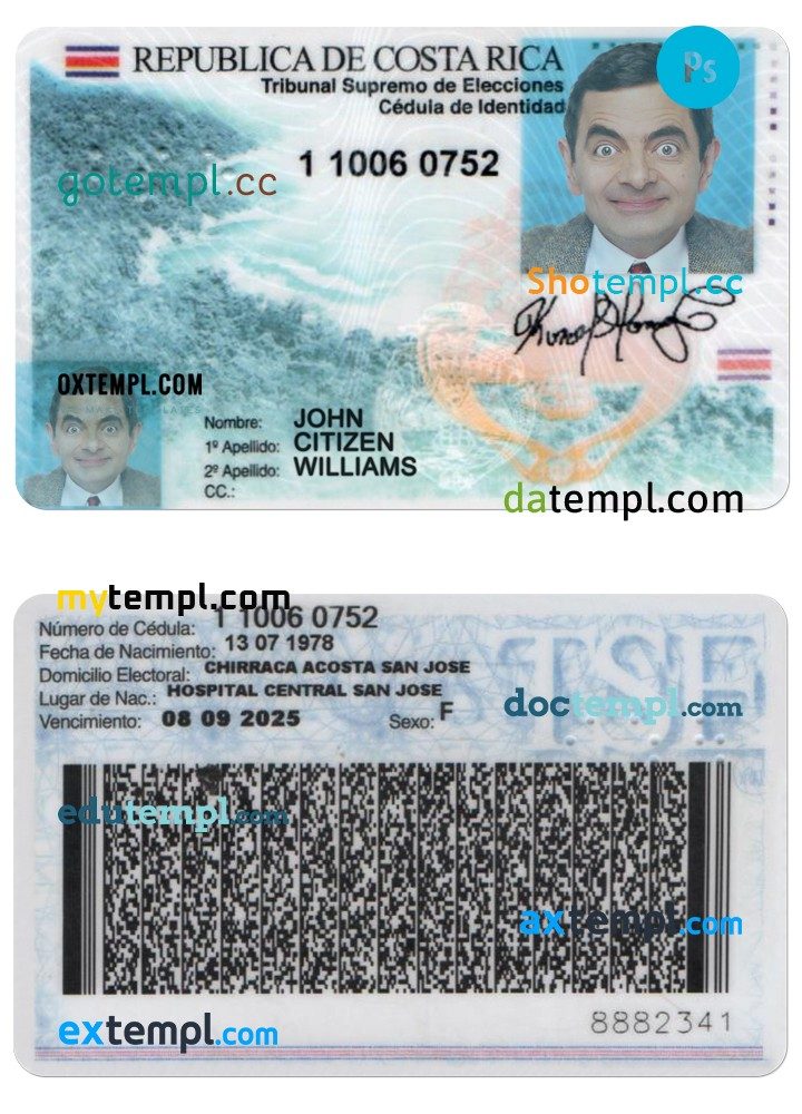 Costa Rican id card download PSD example, with fonts, version 2