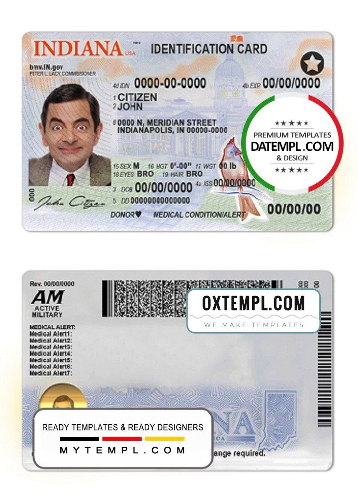 USA Indianna state ID example in PSD format, fully editable
