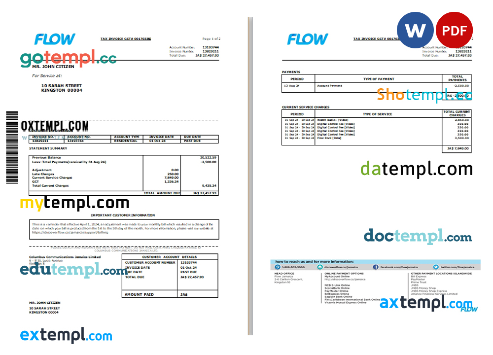 Jamaica Flow tax invoice cable and internet bill Word and PDF template, 2 pages