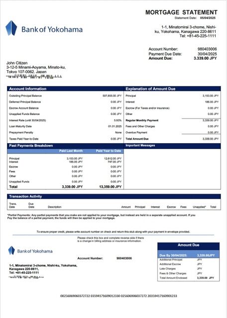 Japan Bank of Yokohama mortgage statement Word and PDF template