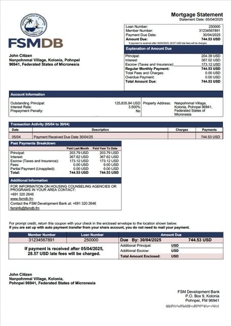 Micronesia FSM Development Bank mortgage statement Word and PDF template