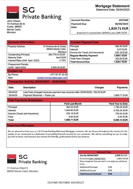 Monaco SG Private Banking (Monaco) mortgage statement Word and PDF template
