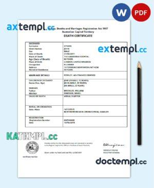 sample Australia Australian Capital Territory death certificate template in Word and PDF format download