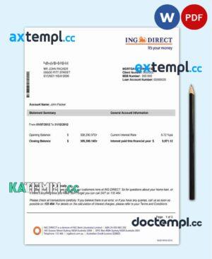sample Australia ING Direct bank statement easy to fill template in Word and PDF format download