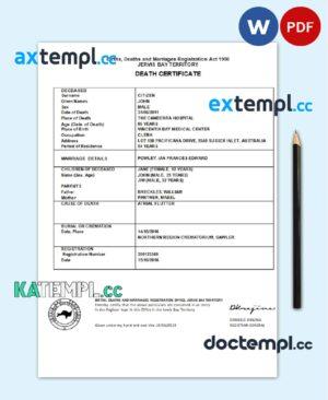 sample Australia Jervis Bay Territory death certificate template in Word and PDF format download