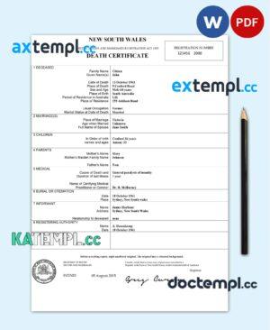 sample Australia New South Wales death certificate in Word and PDF format download