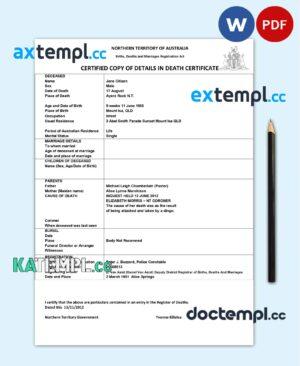 sample Australia Northern Territory of Australia death certificate template in Word and PDF format download