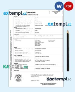 sample Australia Queensland death certificate template in Word and PDF format download