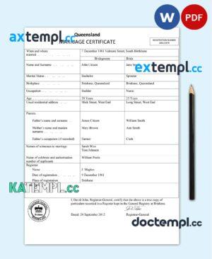 sample Australia Queensland marriage certificate template in Word and PDF format download