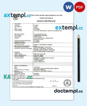 sample Australia South Australia death certificate template in Word and PDF format download