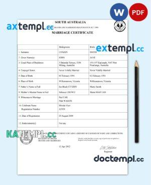 sample Australia South Australia marriage certificate template in Word and PDF format download