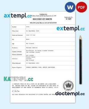 sample Australia Tasmania death certificate template in Word and PDF format download