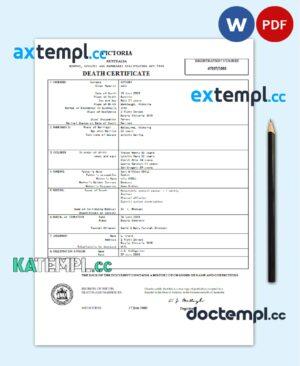 sample Australia Victoria death certificate template in Word and PDF format download