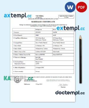 sample Australia Victoria marriage certificate template in Word and PDF format download