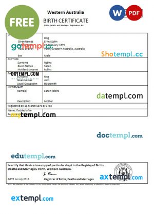 free download Australian Western Australian birth certificate example in Word format, version 2