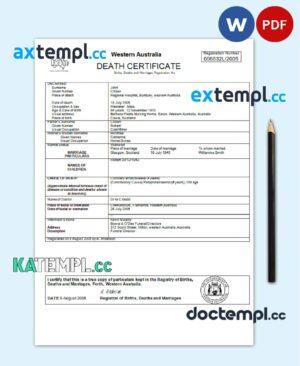 sample Australia Western Australia death certificate template in Word and PDF format download