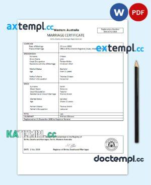 sample Australia Western Australia marriage certificate template in Word and PDF format download