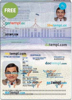 Australian passport (convention travel document) example in PSD format, fully editable, with all fonts