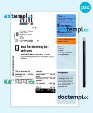 sample Azerbaijan Socar electricity utility bill template, fully editable in PSD format download