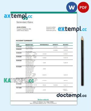sample Belarus Belinvest bank statement template in Word and PDF format download