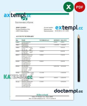 sample Belarus Belinvest bank statement template in Excel and PDF format download