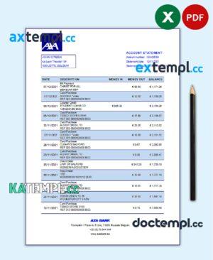 sample Belgium AXA bank statement easy to fill template in .xls and .pdf file format download