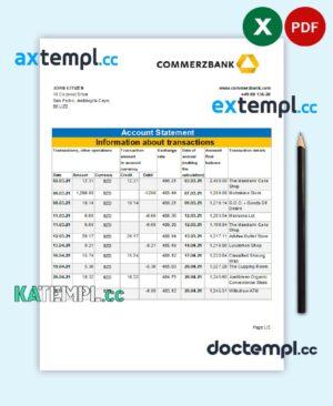 sample Belize Commerzbank bank statement easy to fill template in Excel and PDF format download