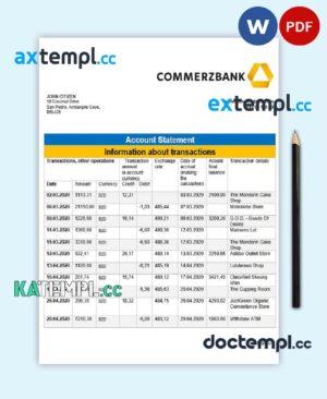 sample Belize Commerzbank bank statement template in Word and PDF format, good for address prove download